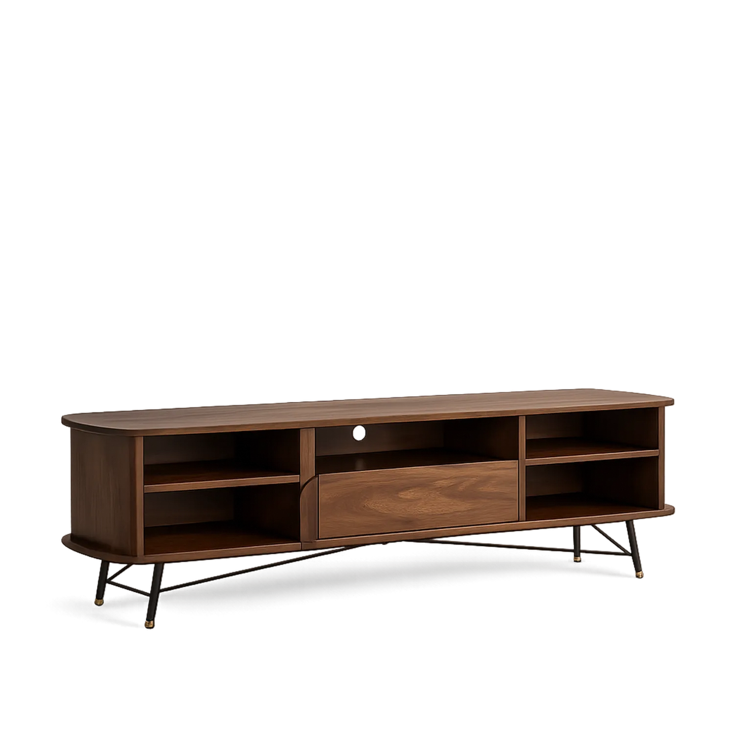 Szafka RTV 180 x 40 x 48 cm MDF fornir orzechowy stal czarna orzech prostokątna