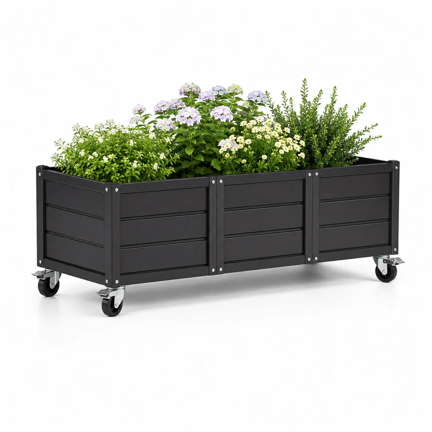 Podwyższona donica ogrodowa na kółkach 150 cm 45 cm 50 cm stal ocynkowana czarna prostokątna