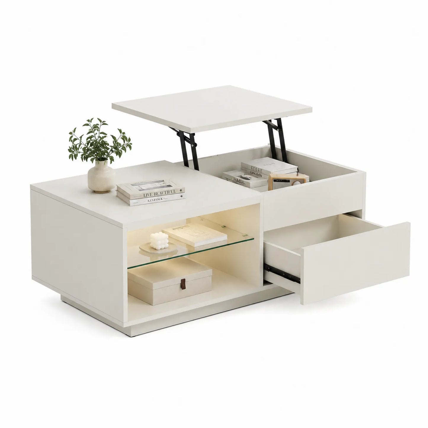 Stolik kawowy z podnoszonym blatem 100 x 60 x 45 cm MDF biały beżowy z szufladą i schowkiem