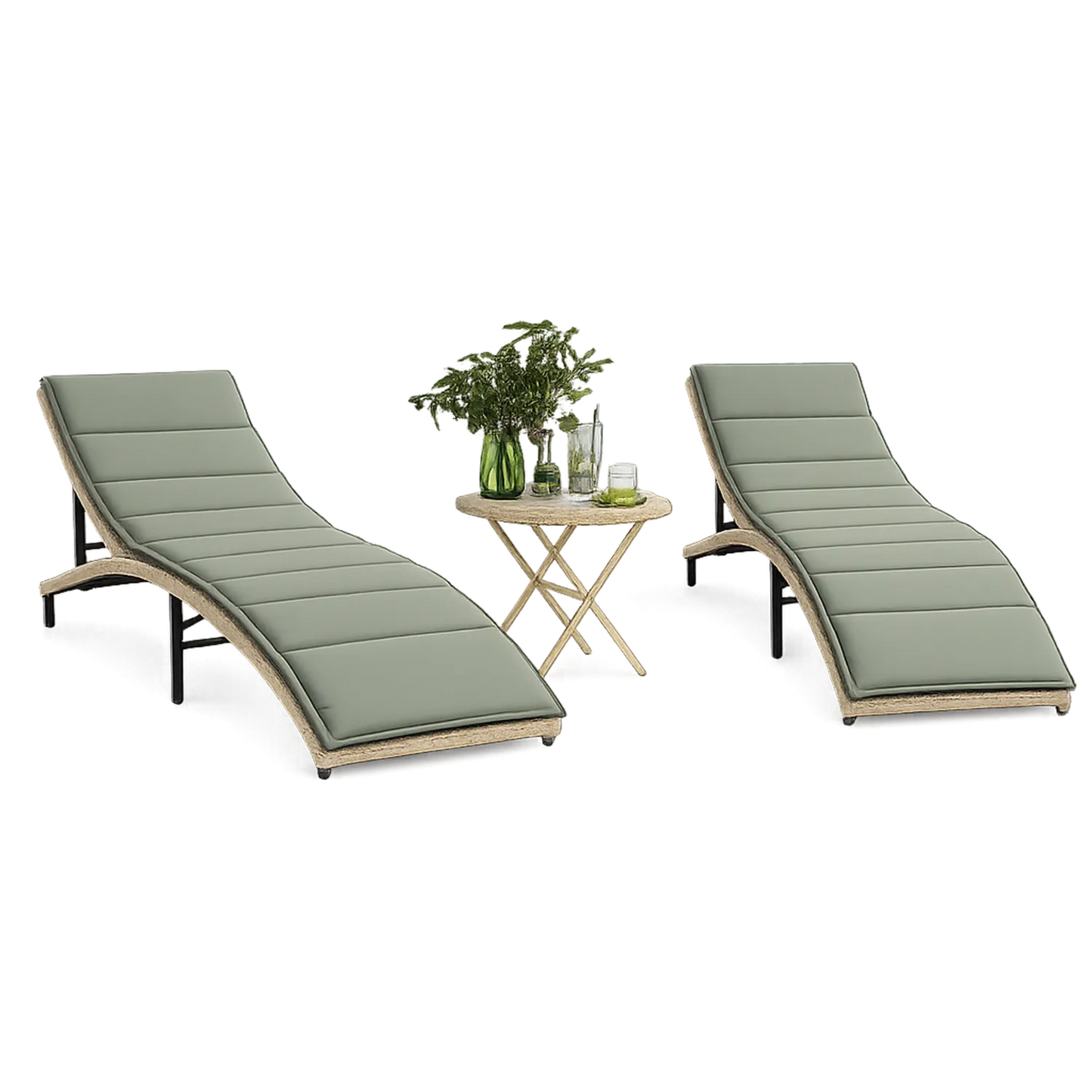 Zestaw 2 leżaków ogrodowych z bocznym stolikiem 190 cm x 70 cm x 85 cm technorattan PE zielone poduszki beżowo-naturalne