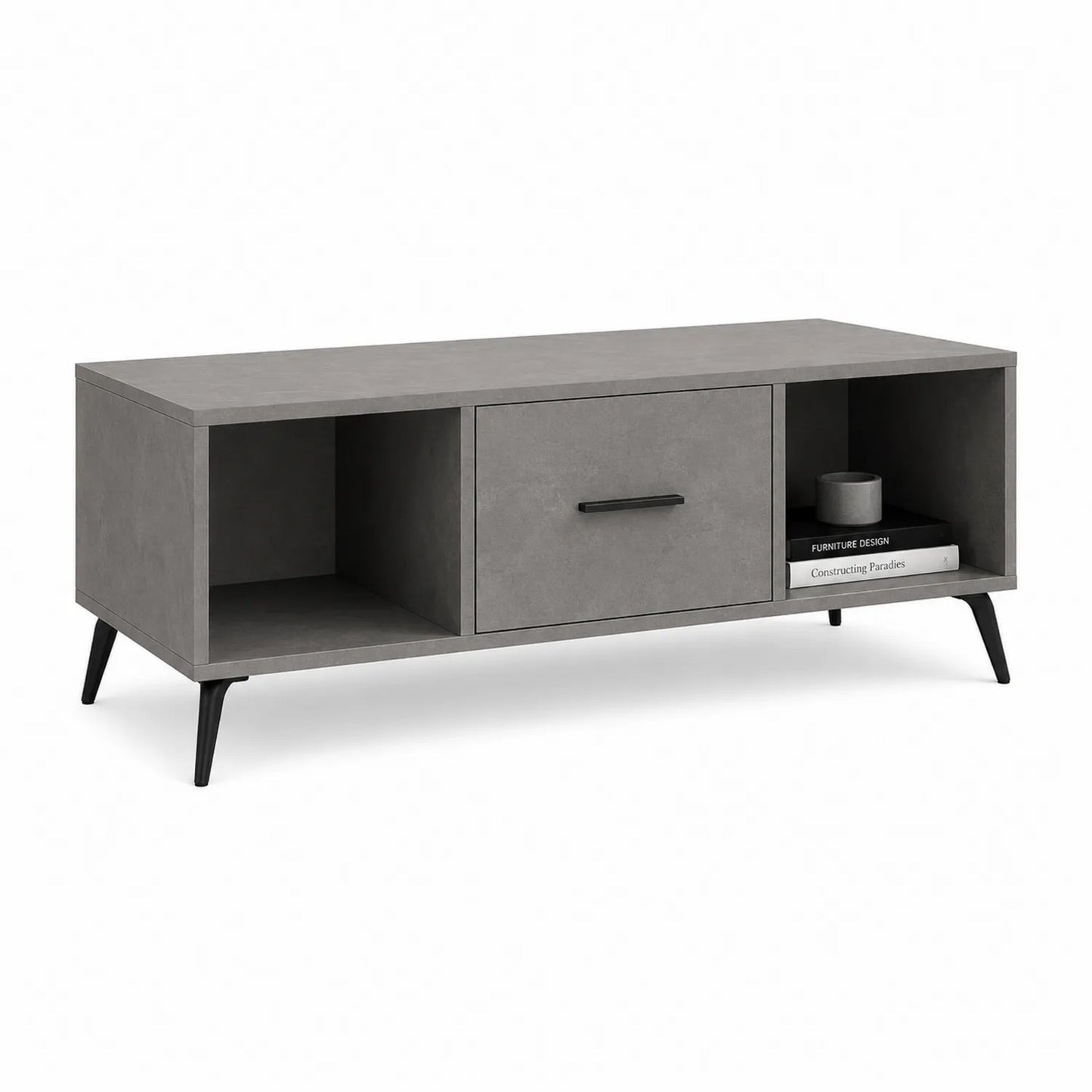 Stolik kawowy 120 cm x 50 cm x 45 cm MDF laminowany szary beton czarny metal z szufladą i półkami prostokątny