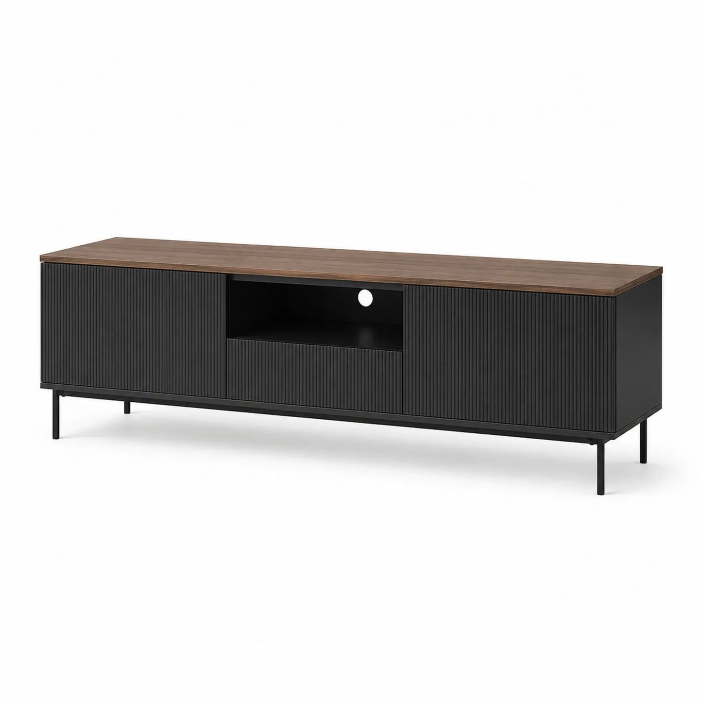 Szafka RTV 180 x 40 x 50 cm MDF laminowana czarna z blatem w dekorze orzechowym i metalowymi nogami ryflowane drzwi przesuwne