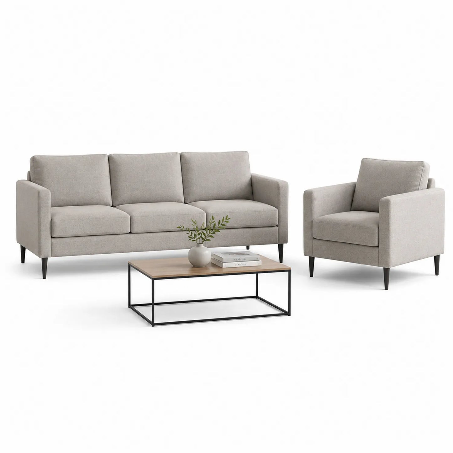 Zestaw wypoczynkowy sofa 3-osobowa fotel i stolik kawowy tkanina poliestrowa MDF stal 200 cm x 85 cm x 85 cm jasnoszary czarny jasne drewno