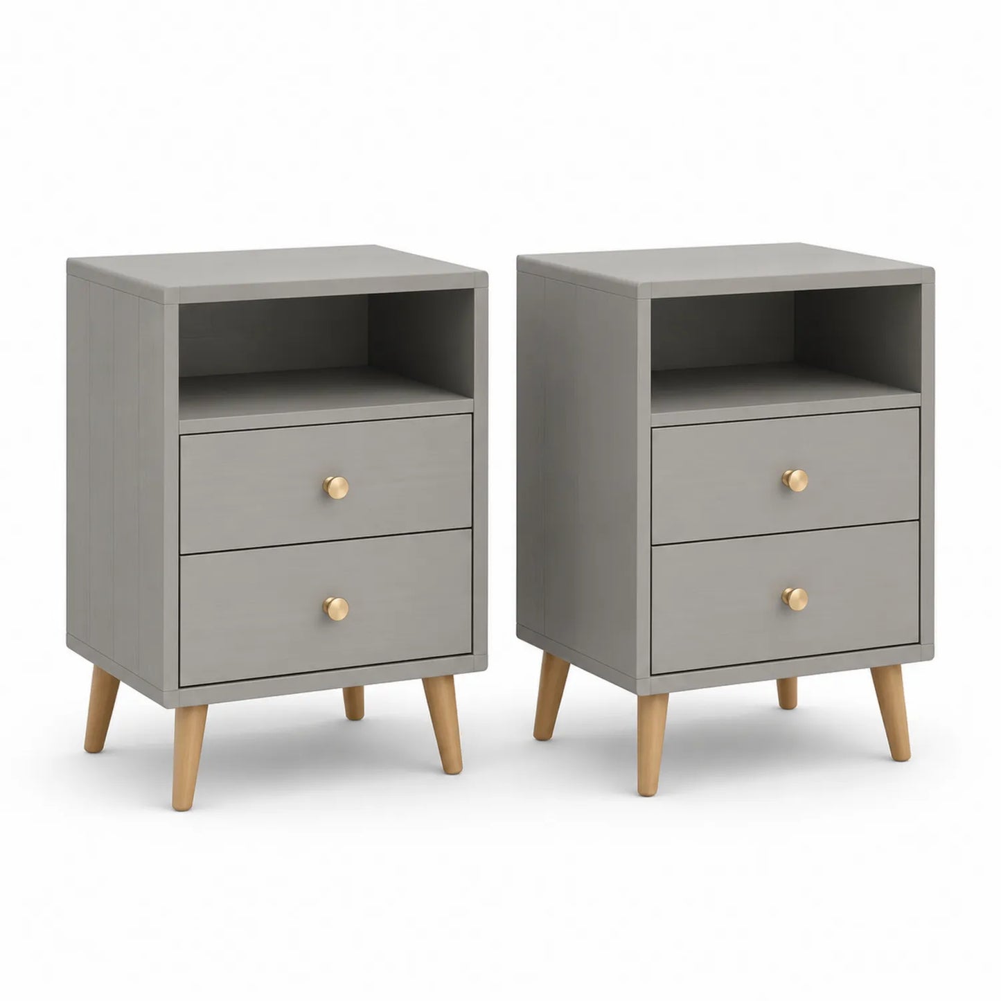 Zestaw 2 szafek nocnych MDF 45 x 40 x 60 cm szare prostokątne złote uchwyty nogi z drewna