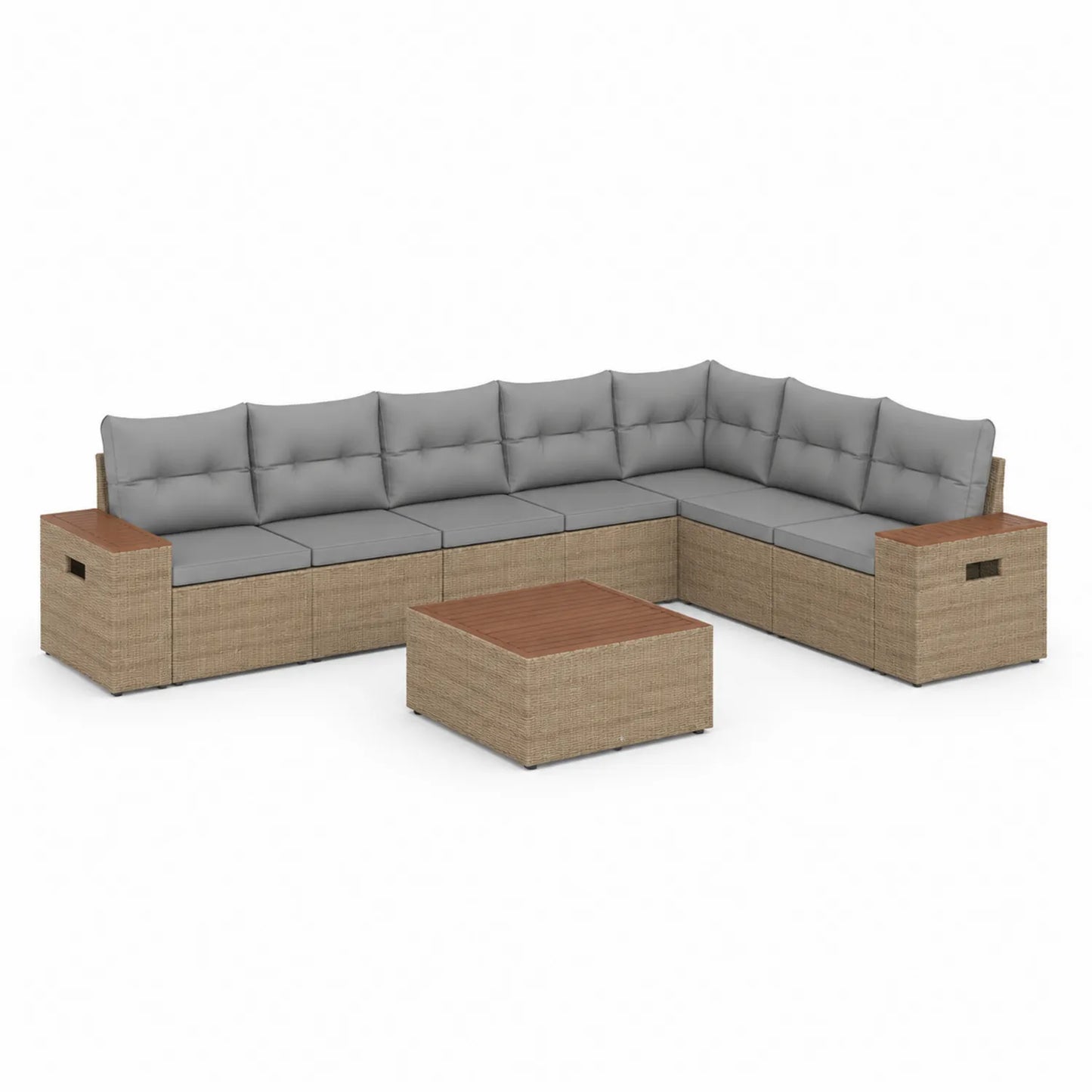 Zestaw mebli ogrodowych narożna sofa modułowa technorattan PE beżowy szary brązowy 300x200x70 cm stolik 70x70x35 cm