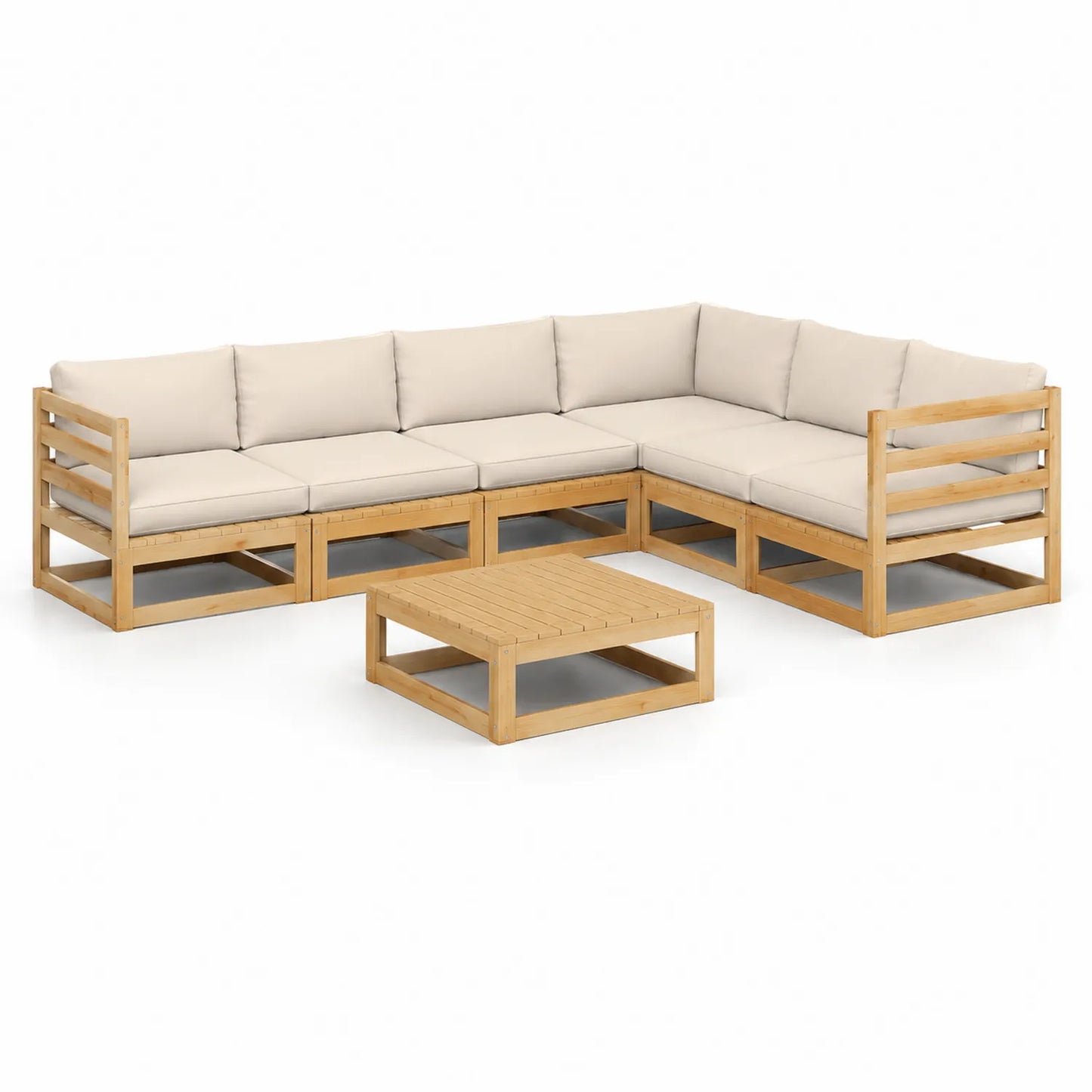 Zestaw mebli ogrodowych sofa narożna drewno sosnowe beżowe 5 elementów 260 cm x 200 cm x 78 cm z stolikiem kawowym