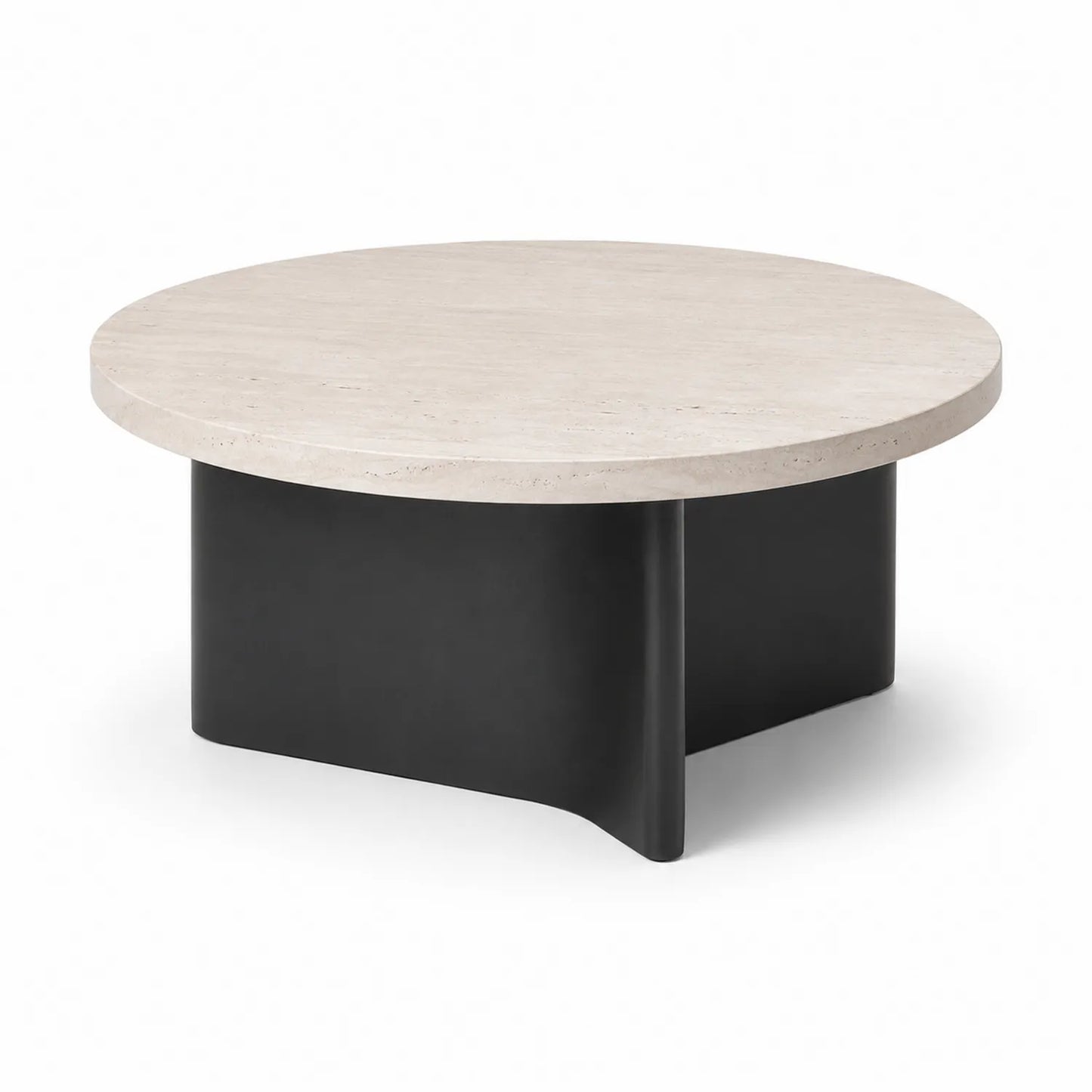 Stolik kawowy okrągły 80 cm x 38 cm MDF laminowany imitacja kamienia beżowy czarna podstawa cylindryczna