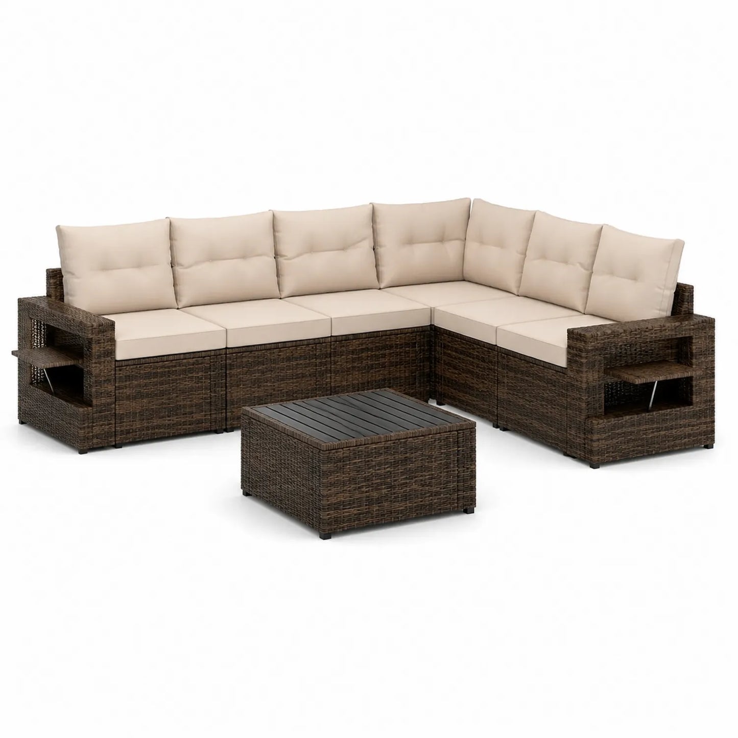 Zestaw mebli ogrodowych sofa narożna technorattan brązowy beżowy z stolikiem kawowym 5 elementów