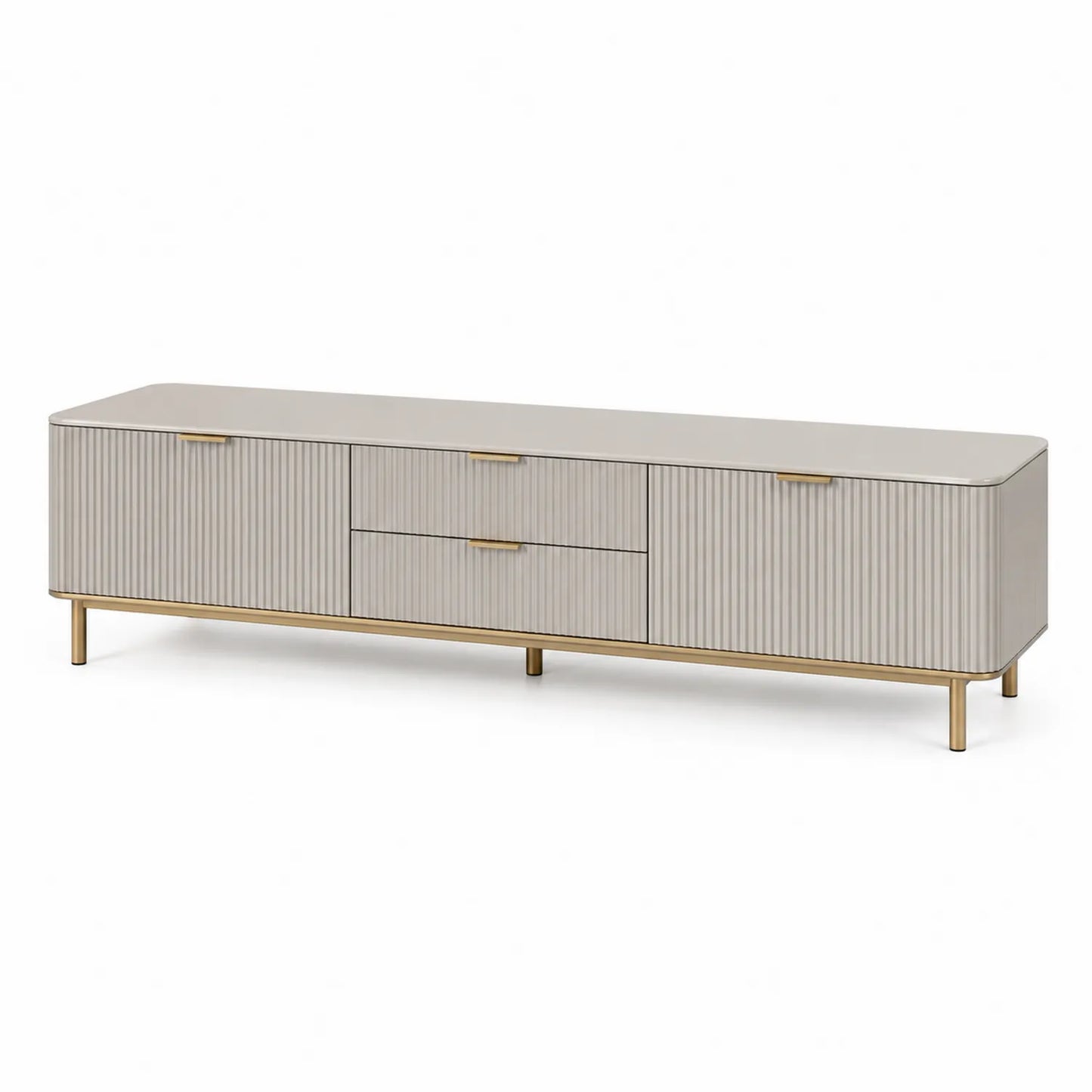 Szafka RTV 180 cm x 40 cm x 50 cm MDF laminowana beżowa złote uchwyty metalowe nogi prostokątna z drzwiami i szufladami