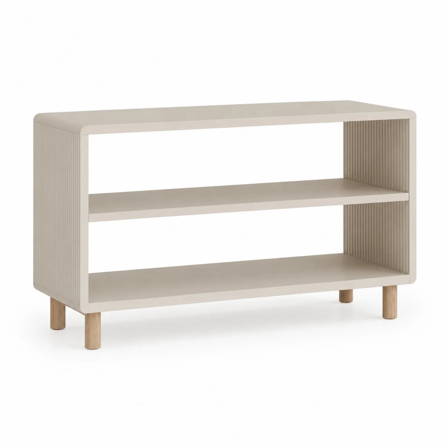 Szafka RTV otwarta 120 cm 40 cm 65 cm MDF beżowa prostokątna z półkami i nogami z litego drewna