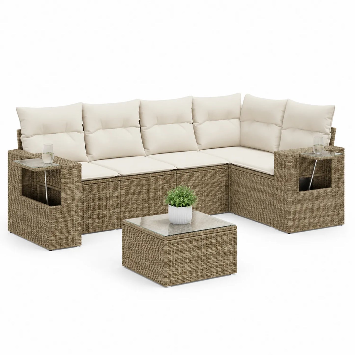 Zestaw mebli ogrodowych narożna sofa modułowa technorattan PE beżowy kremowy 6-osobowa 285x220x80 cm stół 75x75x35 cm szkło hartowane