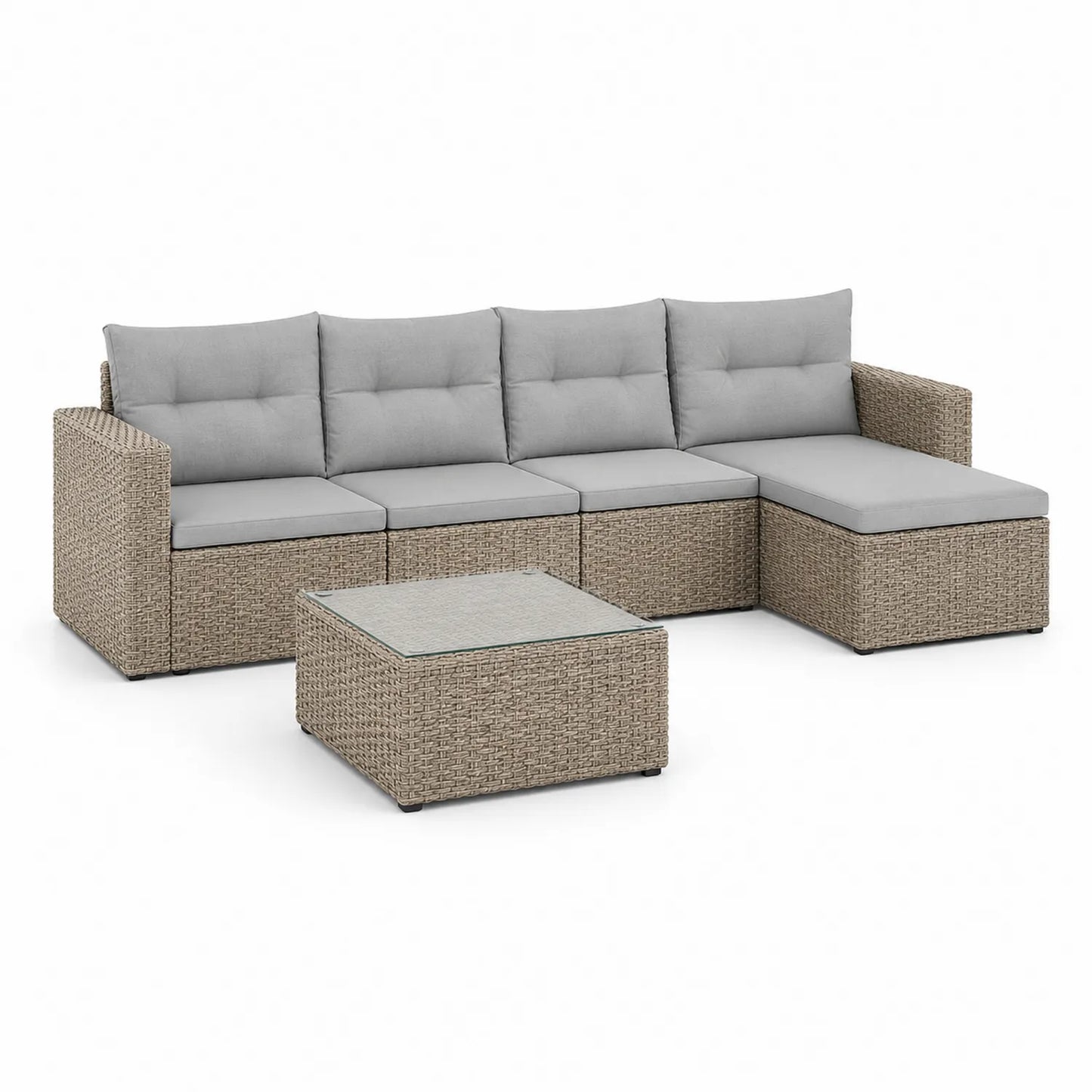 Zestaw mebli ogrodowych narożnik z technorattanu PE beżowy szare poduszki modułowy sofa ogrodowa 255x190x65 cm stolik szklany 75x75x35 cm