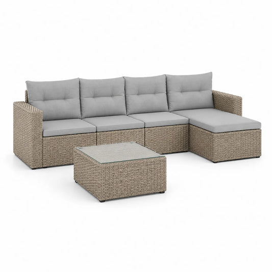 Zestaw mebli ogrodowych narożnik z technorattanu PE beżowy szare poduszki modułowy sofa ogrodowa 255x190x65 cm stolik szklany 75x75x35 cm