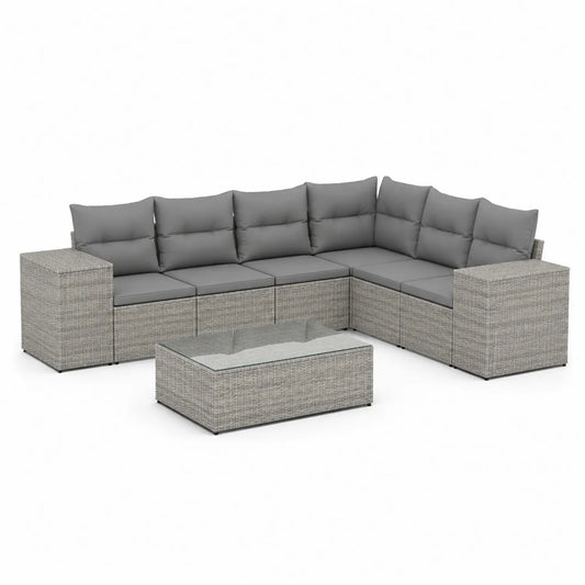 Zestaw mebli ogrodowych sofa narożna L 250 cm 190 cm 70 cm polirattan PE stal szary z stolikiem szklanym