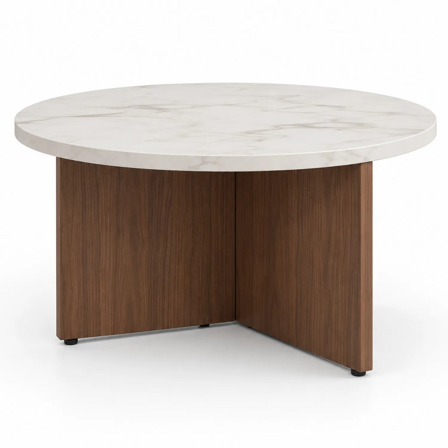 Stolik kawowy okrągły 80 cm x 45 cm MDF blat marmurowy biały podstawa MDF orzechowa biały brązowy czarne stopki