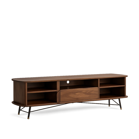 Szafka RTV 180 x 40 x 48 cm MDF fornir orzechowy stal czarna orzech prostokątna
