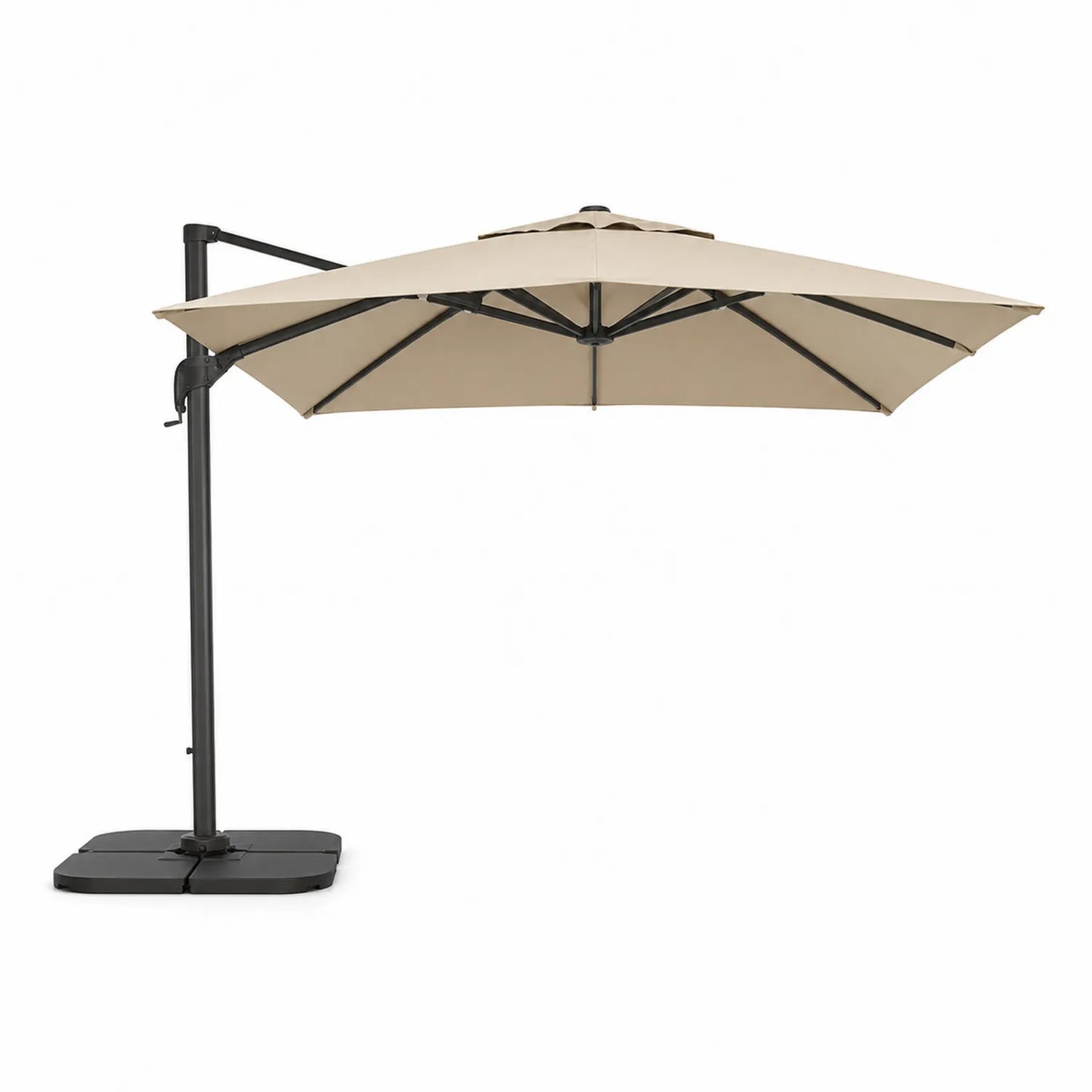 Parasol ogrodowy wolnostojący beżowy 300 cm x 250 cm z ramieniem bocznym aluminiowy czarny stelaż z podstawą krzyżową