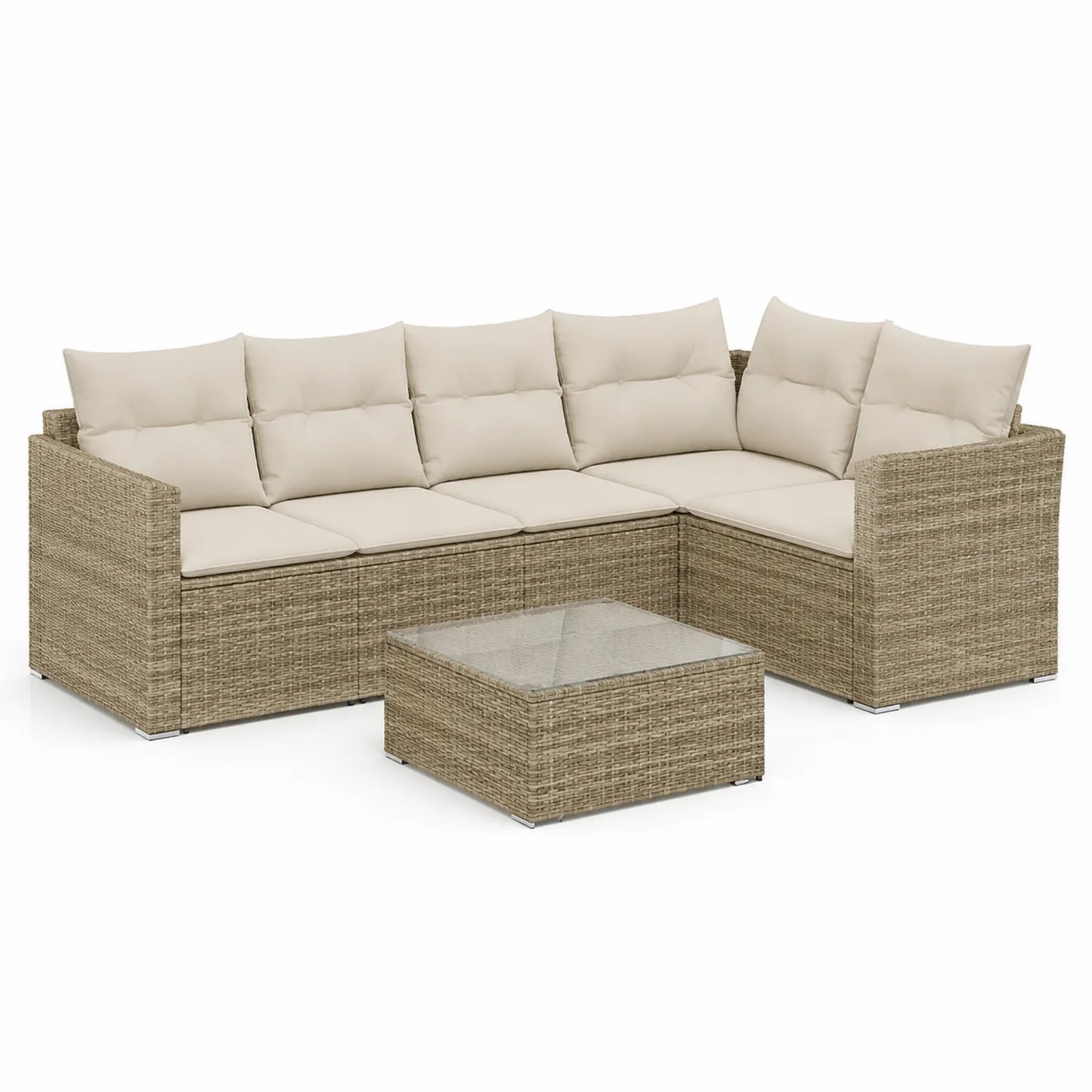 Zestaw mebli ogrodowych sofy narożnej technorattan PE 250 cm x 190 cm x 65 cm beżowy kremowy 5 elementów z stolikiem szklanym
