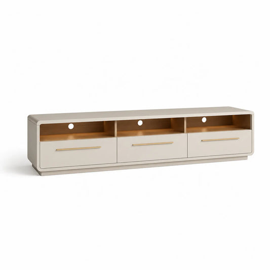 Szafka RTV 180 x 40 x 45 cm płyta MDF laminowana kremowa ciepły dąb złote uchwyty 3 szuflady i otwarte półki