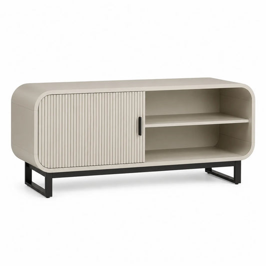 Szafka RTV 160 cm x 40 cm x 50 cm MDF stal beżowa czarna drzwi przesuwne ryflowane nowoczesna prostokątna