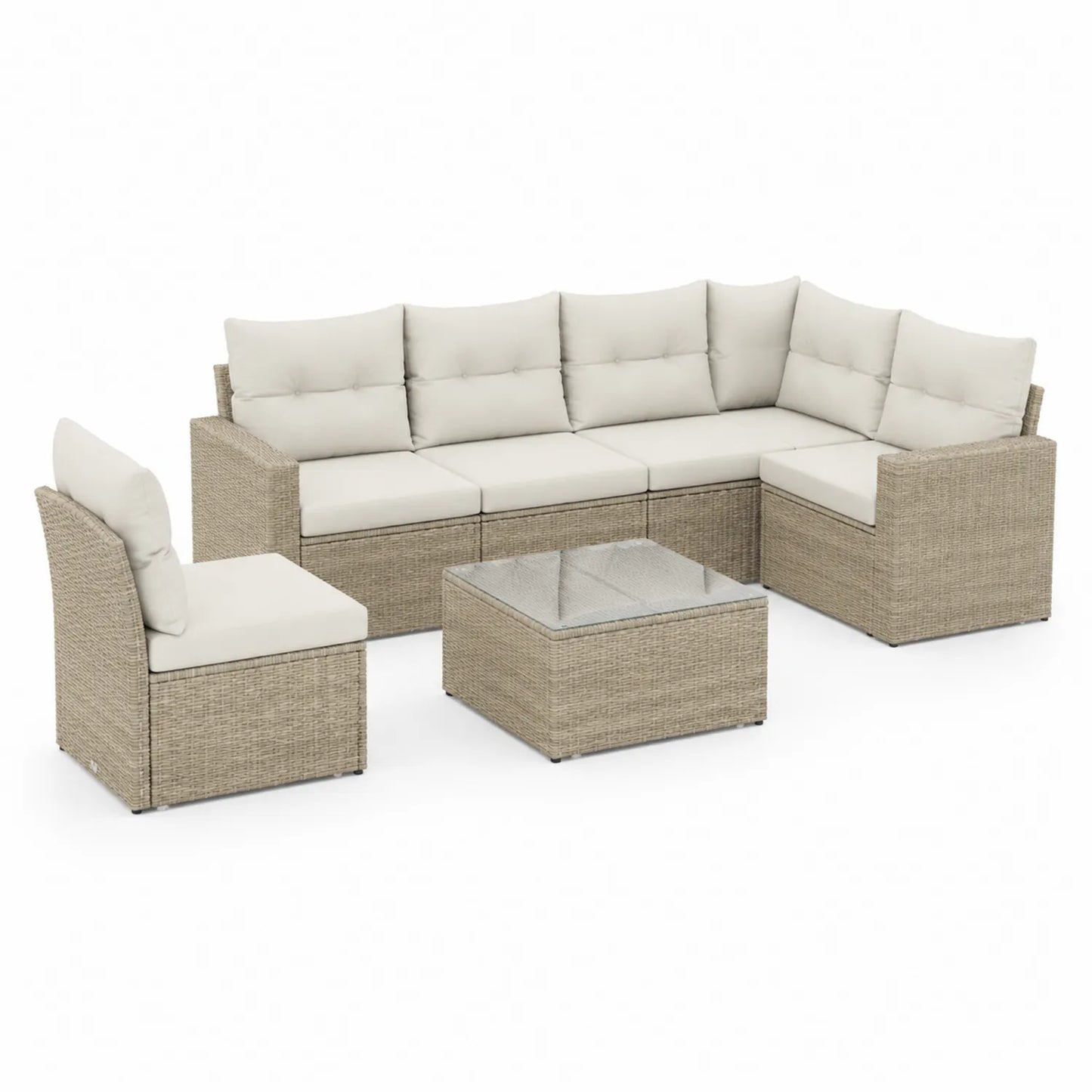 Zestaw mebli ogrodowych sofa narożna L z fotelem i stolikiem 270 cm 200 cm 65 cm technorattan PE stal beżowy
