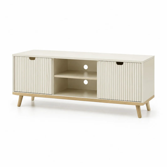 Szafka RTV 160 x 40 x 50 cm MDF laminowana beżowa z ryflowanymi drzwiami przesuwnymi i drewnianymi nogami