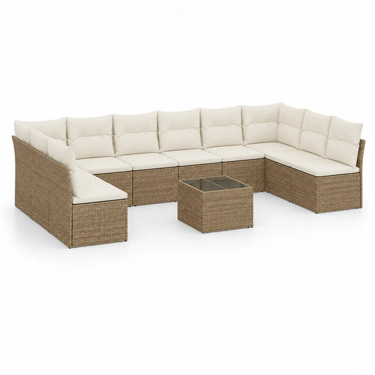 Zestaw mebli ogrodowych sofa narożna modułowa 260 x 200 x 70 cm technorattan PE beżowy z kremowymi poduszkami i stolikiem