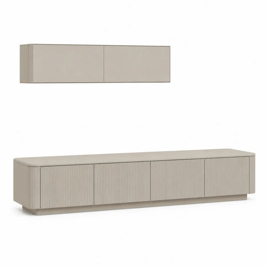 Zestaw szafek RTV 200 x 40 x 45 cm i 160 x 30 x 35 cm MDF laminowany kremowy prostokątny z ryflowanymi i gładkimi frontami