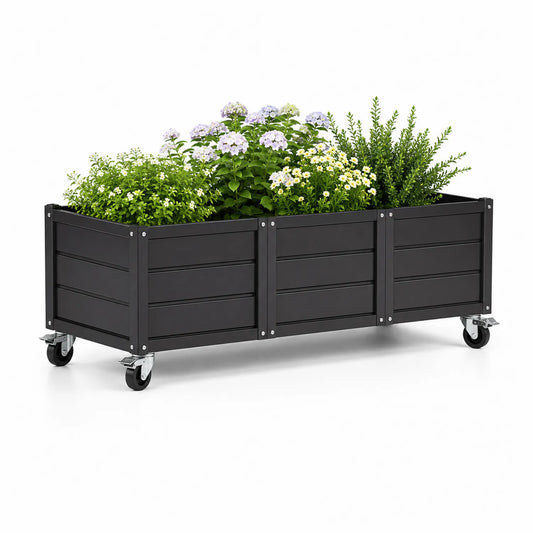 Podwyższona donica ogrodowa na kółkach 150 cm 45 cm 50 cm stal ocynkowana czarna prostokątna