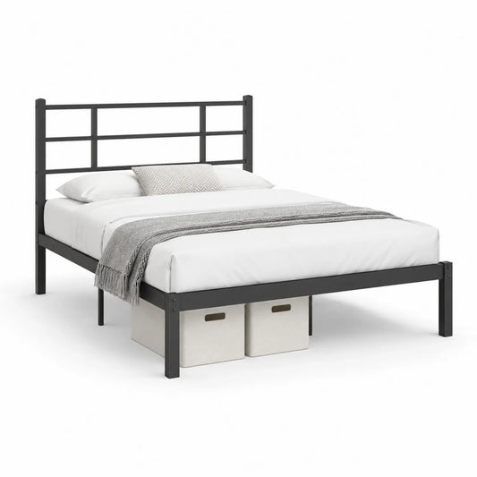 Łóżko metalowe 160 x 200 cm z pojemnikiem czarne stelaż listwowy 2 kosze do przechowywania