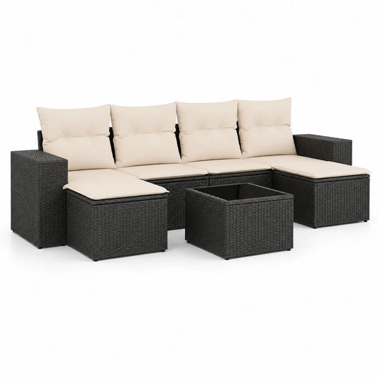 Zestaw mebli ogrodowych narożna sofa L 270 cm 165 cm 68 cm technorattan PE czarny beżowy stolik szkło hartowane