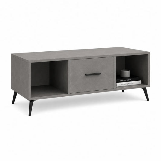 Stolik kawowy 120 cm x 50 cm x 45 cm MDF laminowany szary beton czarny metal z szufladą i półkami prostokątny