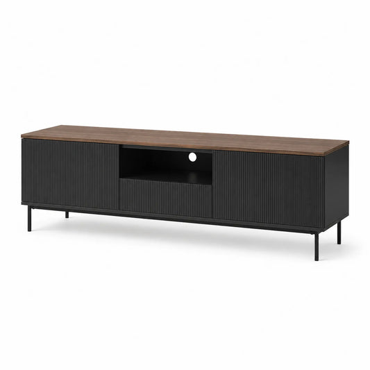 Szafka RTV 180 x 40 x 50 cm MDF laminowana czarna z blatem w dekorze orzechowym i metalowymi nogami ryflowane drzwi przesuwne