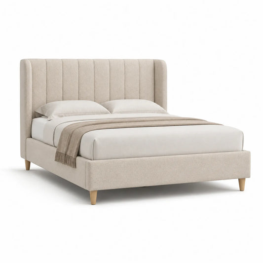 Łóżko tapicerowane rama MDF 160 x 200 cm prostokątne beżowe tkanina poliestrowa