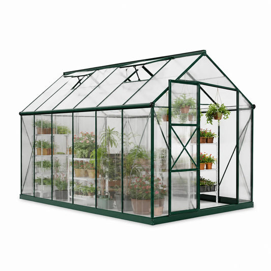 Szklarnia ogrodowa prostokątna aluminiowa zielona 430x250x205 cm panele poliwęglan komorowy 4 mm drzwi okno dachowe