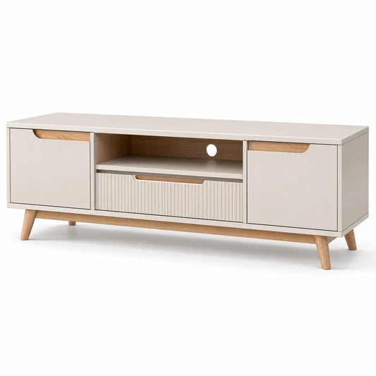 Szafka RTV 160 x 40 x 50 cm MDF beżowa z drewnianymi nogami i szufladami