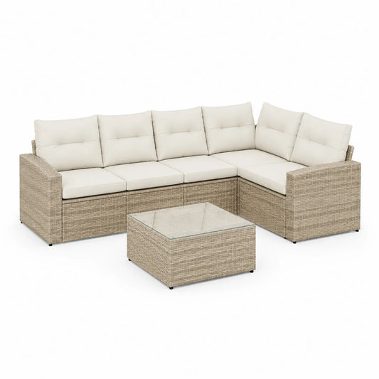 Narożnikowa sofa ogrodowa technorattan PE beżowy jasny beż kształt L modułowa 250x190x65 cm stolik szklany 70x70x33 cm