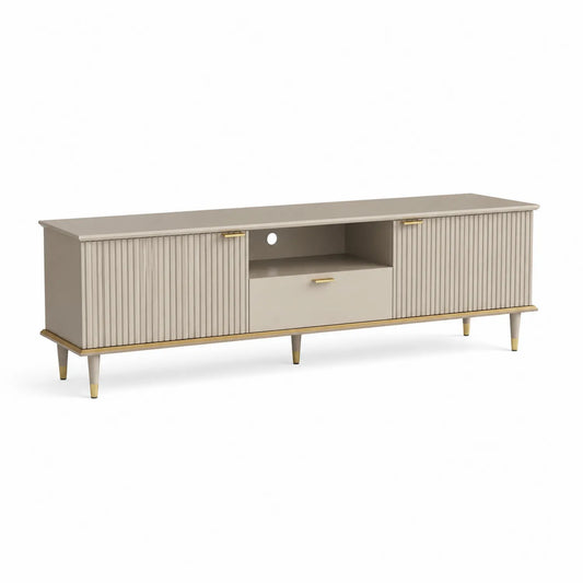 Szafka RTV 200 x 40 x 45 cm MDF ryflowane fronty beżowa złote detale prostokątna