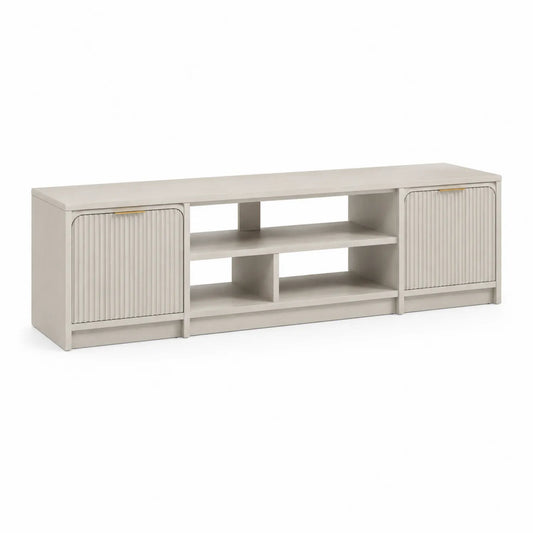 Szafka RTV 200 x 40 x 50 cm MDF kremowa z ryflowanymi drzwiami przesuwnymi i blatem w dekorze drewna