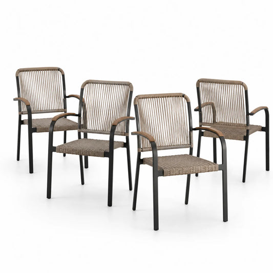 Zestaw 4 krzesła ogrodowe 85 cm 55 cm 60 cm stal PE rattan czarny beżowy