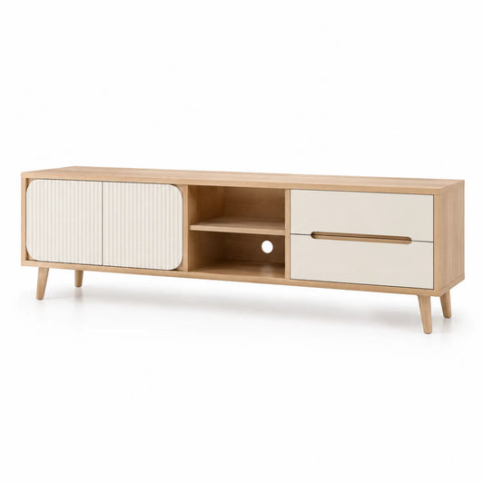 Szafka RTV 160 x 40 x 50 cm MDF z ryflowanym frontem jasne drewno beżowa