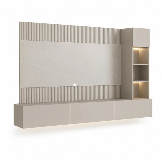 Zestaw RTV z panelem ściennym 280 x 40 x 200 cm MDF laminowany beżowy jasny marmur z ryflowanymi panelami i oświetleniem LED