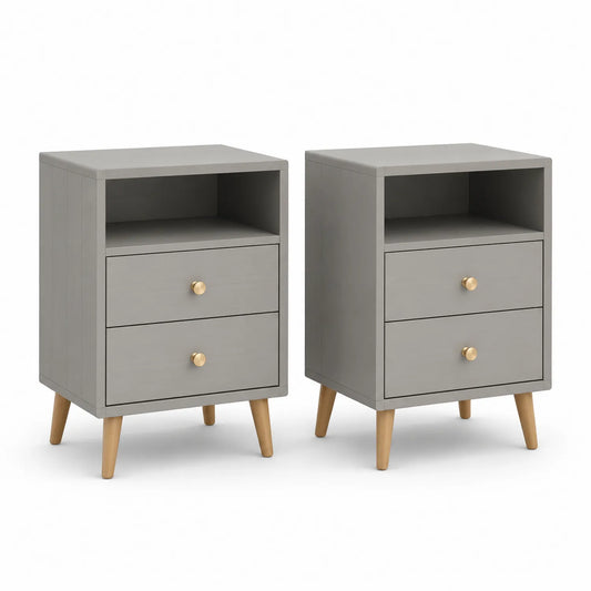 Zestaw 2 szafek nocnych MDF 45 x 40 x 60 cm szare prostokątne złote uchwyty nogi z drewna