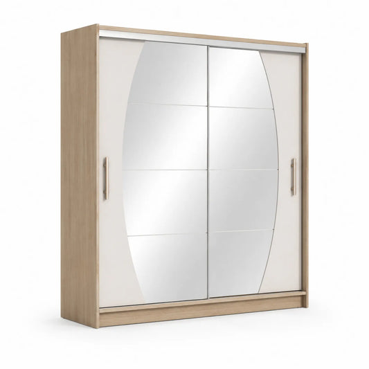 Szafa przesuwna z lustrem 200 x 60 x 200 cm płyta wiórowa laminowana dąb sonoma prostokątna beżowa z srebrnymi uchwytami