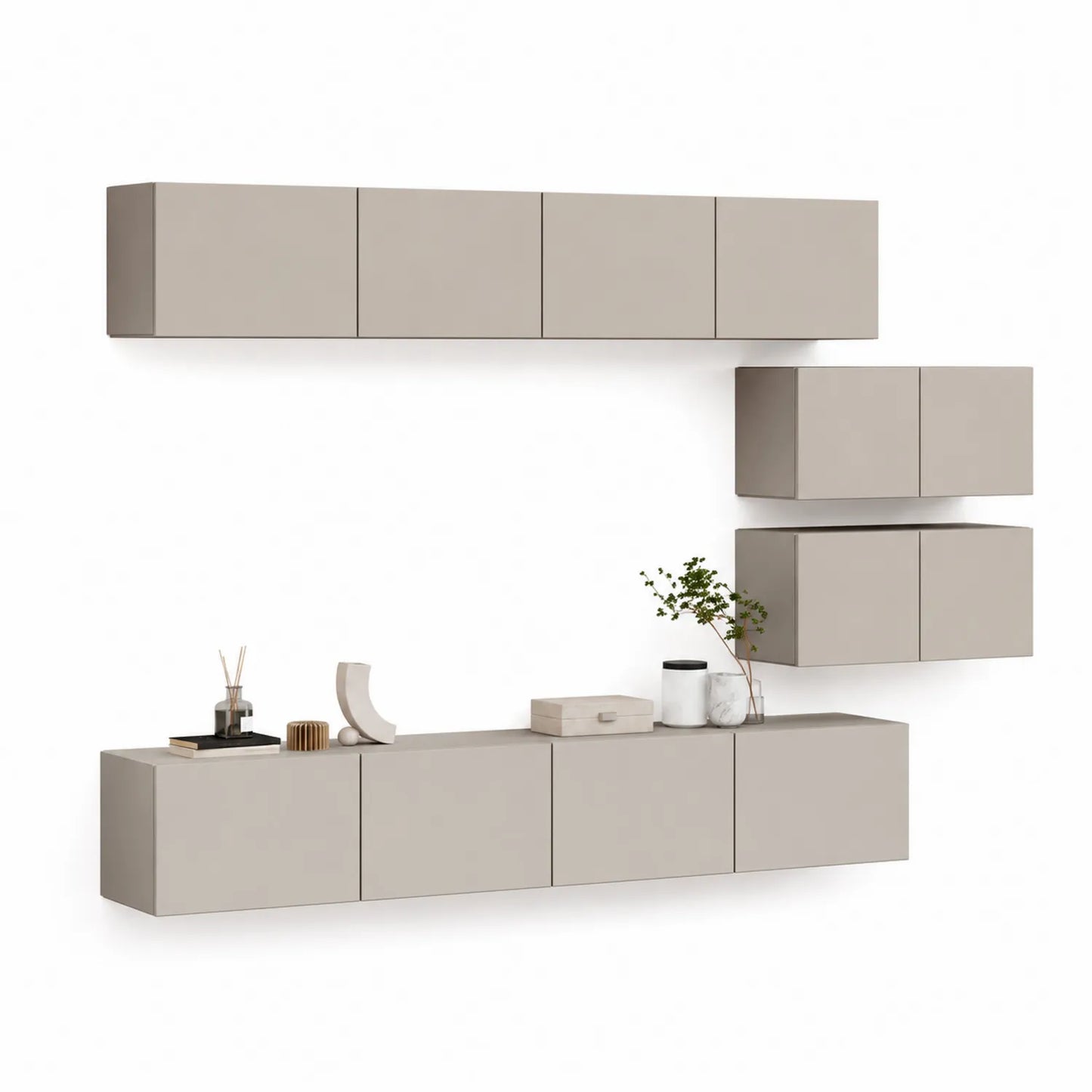 Zestaw szafek RTV ściennych modułowych 240 cm MDF laminowany beżowy z szafkami wiszącymi i szafką dolną