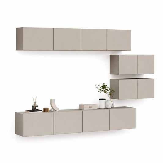 Zestaw szafek RTV ściennych modułowych 240 cm MDF laminowany beżowy z szafkami wiszącymi i szafką dolną