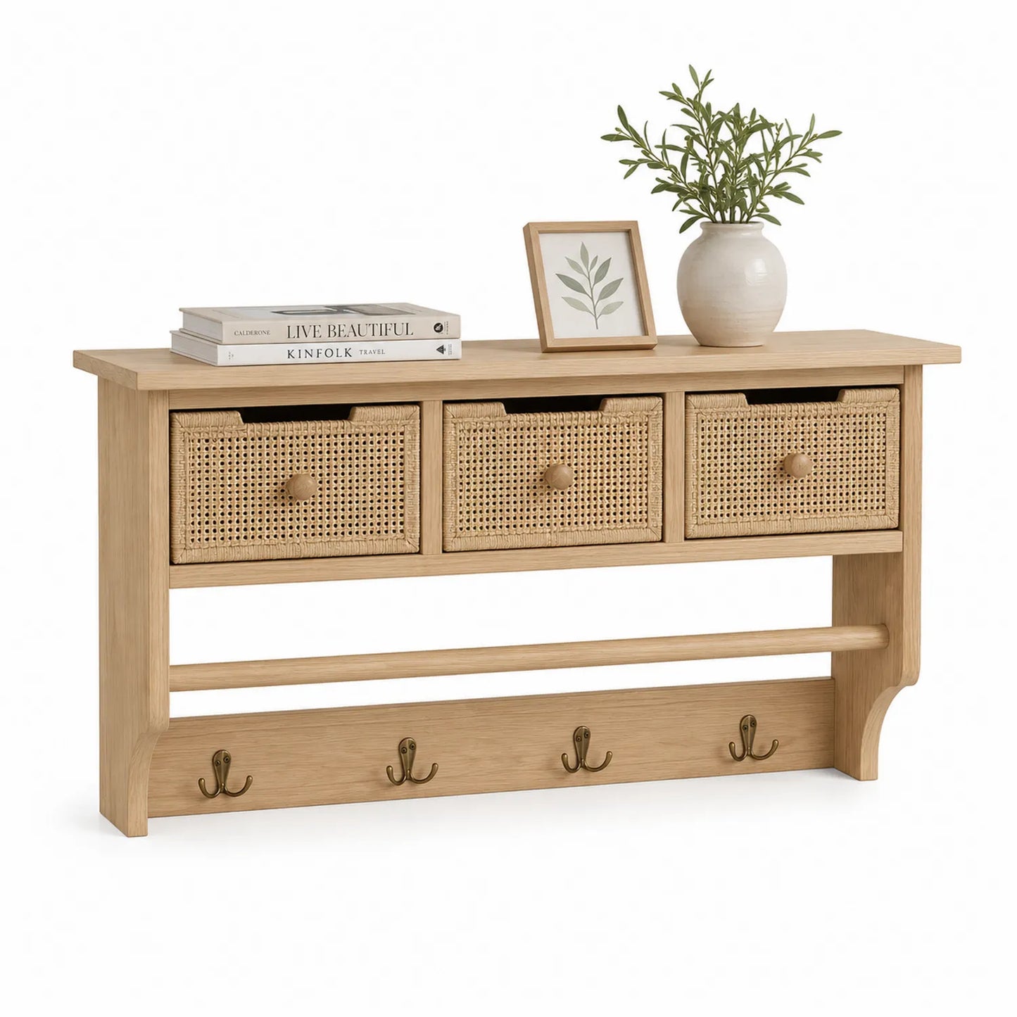 Regał ekspozycyjny 100 cm x 30 cm x 80 cm MDF dąb naturalny rattanowy z szufladami i haczykami