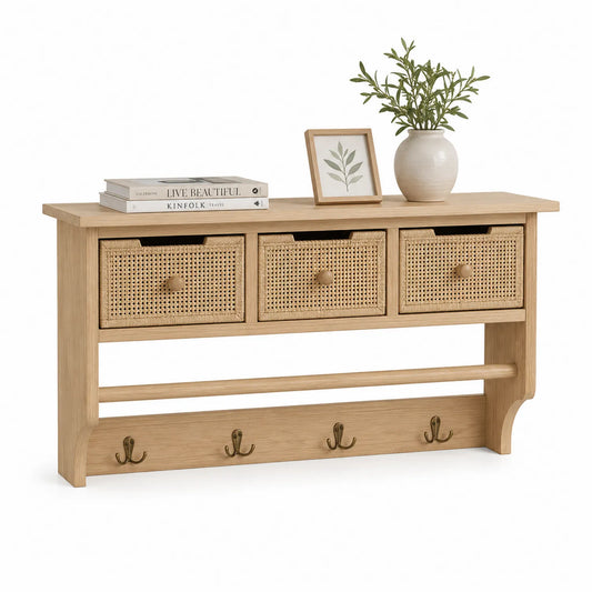 Regał ekspozycyjny 100 cm x 30 cm x 80 cm MDF dąb naturalny rattanowy z szufladami i haczykami