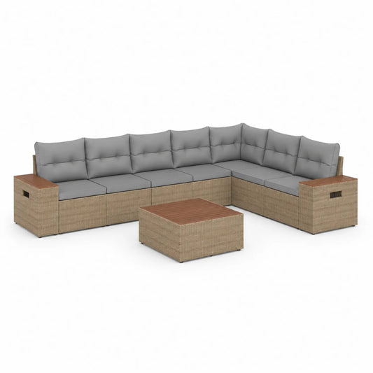 Zestaw mebli ogrodowych narożna sofa modułowa technorattan PE beżowy szary brązowy 300x200x70 cm stolik 70x70x35 cm