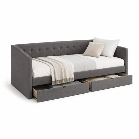 Sofa rozkładana łóżko dzienne 90 x 200 cm tkanina poliestrowa szara z szufladami 212 x 102 x 82 cm